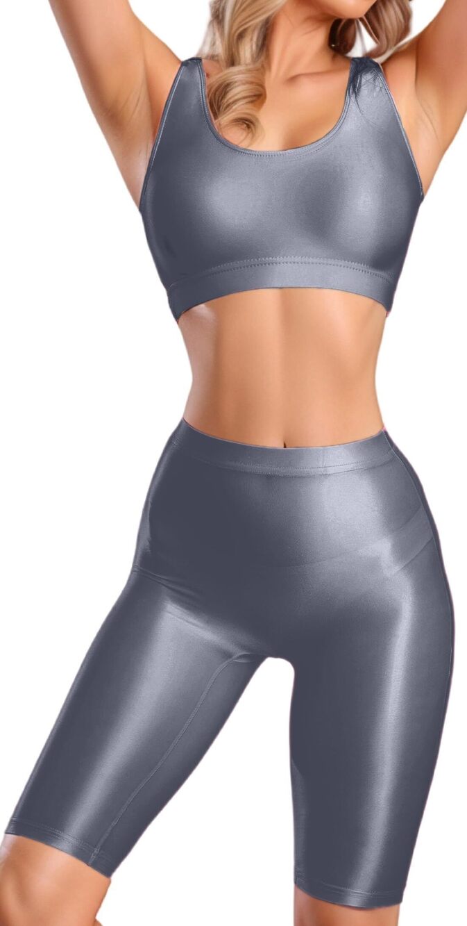 4682 Shiny Metallic Oil Glossy Lingerie Set See Through Racerback Sport Bra